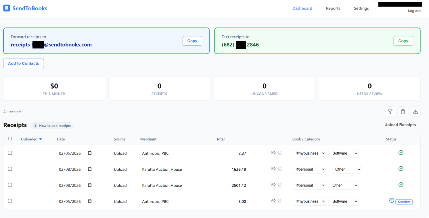 SendToBooks dashboard showing receipts organized by book and category